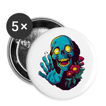 Funny skull with flowers greets: Hello! - Buttons large 2.2''/56 mm (5-pack) - white - Front
