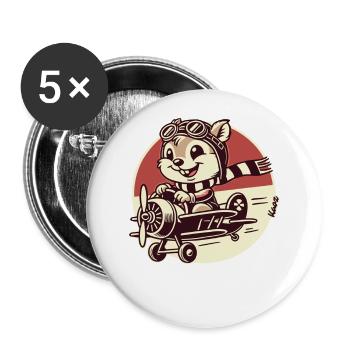 Lustiger Eichhörnchen Pilot im Propeller-Flugzeug - Buttons groß 56 mm (5er Pack) - Weiß - Vorne