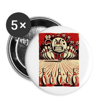 Bowling-Showdown: Bowling Kugel gegen Kegel - Buttons groß 56 mm (5er Pack) - Weiß - Vorne