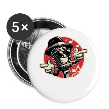 Coole Musik, Retro-Mikrofon Sonnenbrille und Hut - Buttons groß 56 mm (5er Pack) - Weiß - Vorne