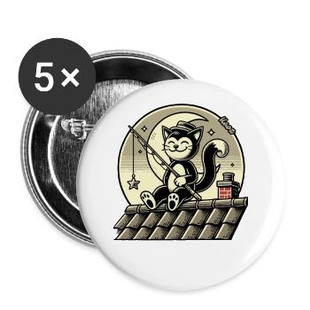 Katze angelt Sterne auf dem Dach - Buttons groß 56 mm (5er Pack) - Weiß - Vorne