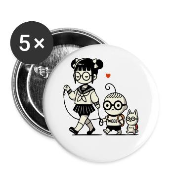 japanisches Schulmädchen, kleiner Brudermit Hund - Buttons groß 56 mm (5er Pack) - Weiß - Vorne