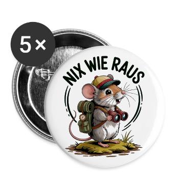 Nix wie raus - in die Natur - Wandern mit Maus - Buttons groß 56 mm (5er Pack) - Weiß - Vorne