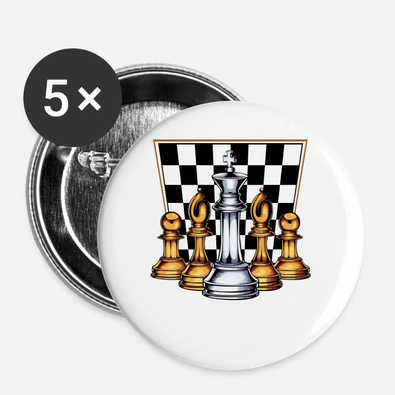 König Dame Läufer Turm Springer Bauer Schachbrett - Buttons groß 56 mm (5er Pack) - Weiß