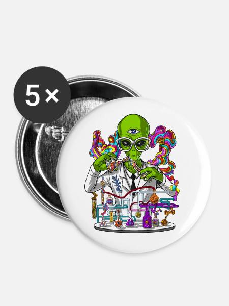 Alien Psychedelic Scientist - Buttons groß 56 mm (5er Pack) - Weiß
