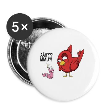 ÄÄH Miau?! Lustiges Vogel und Wurm Witz T-Shirt - Buttons groß 56 mm (5er Pack) - Weiß - Vorne