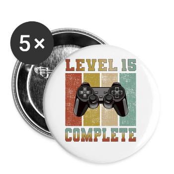 Level 15 complete Geburtstag 15 Jahre Gamer - Buttons groß 56 mm (5er Pack) - Weiß - Vorne