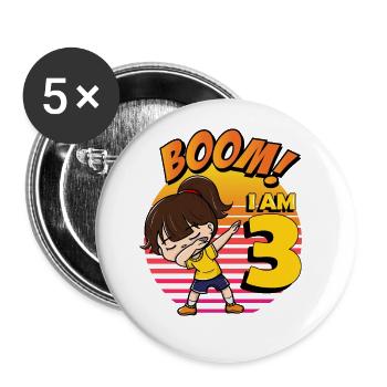 Boom I'm 3 | Birthday Girl | 3rd Birthday Party - Buttons groß 56 mm (5er Pack) - Weiß - Vorne