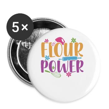 Mehl Power | Bäcker Shirt | Backen Tshirt | - Buttons groß 56 mm (5er Pack) - Weiß - Vorne