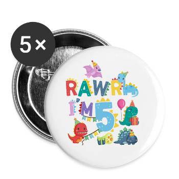 Rawr Ich Bin 5 | Rawr Dinosaurier | 5. Geburtstag - Buttons groß 56 mm (5er Pack) - Weiß - Vorne