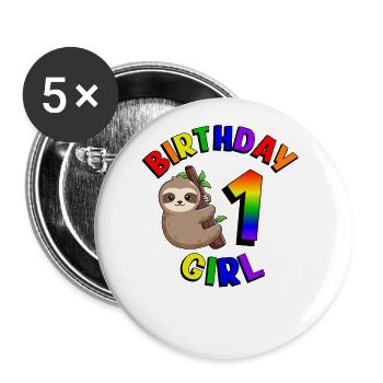 Birthday 1 Girl Cute Baby Sloth - Buttons large 2.2''/56 mm (5-pack) - white - Front