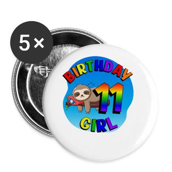 Anniversaire 11 Filles Mignon Bébé Paresseux - Lot de 5 grands badges (56 mm) - blanc - Devant
