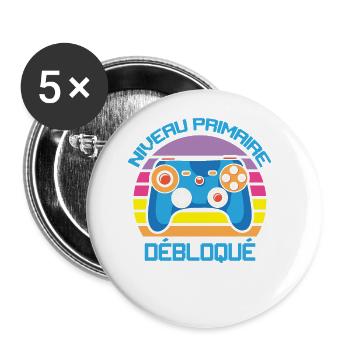Niveau Primaire Débloqué rentrée scolaire école - Lot de 5 grands badges (56 mm) - blanc - Devant