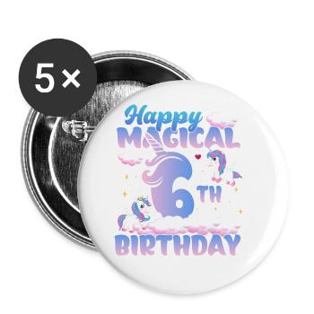Happy Magical 6th Birthday Einhorn Pony - Buttons groß 56 mm (5er Pack) - Weiß - Vorne