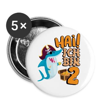 Hai! Ich Bin 2 Einäugige Piratenhaie 2. Geburtstag - Buttons groß 56 mm (5er Pack) - Weiß - Vorne
