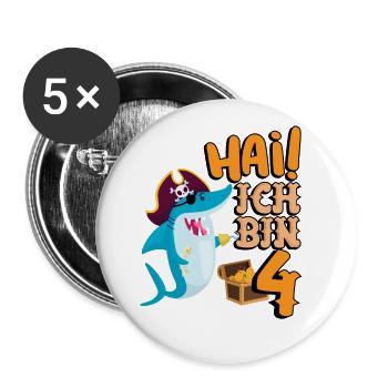 Hai! Ich Bin 4 Einäugiger Piraten Hai 4. - Buttons groß 56 mm (5er Pack) - Weiß - Vorne