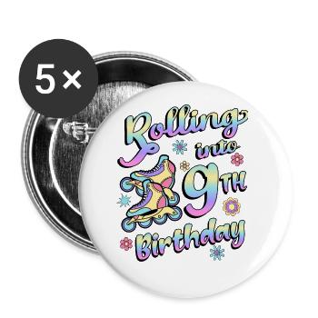 Rolling Into 9th Birthday Roller Skater Inline - Buttons large 2.2''/56 mm (5-pack) - white - Front