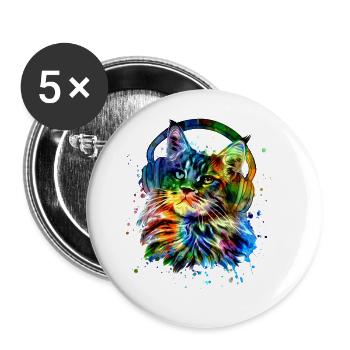 Katze mit Kopfhörer Aquarell Kunst - Buttons groß 56 mm (5er Pack) - Weiß - Vorne