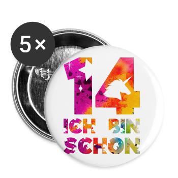 ICH BIN SCHON 14 EINHORN 14. GEBURTSTAG - Buttons groß 56 mm (5er Pack) - Weiß - Vorne