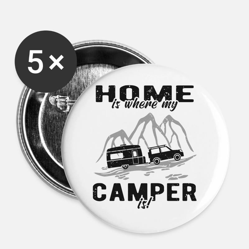 Home is where my Camper is Wohnwagen - Buttons groß 56 mm (5er Pack) - Weiß