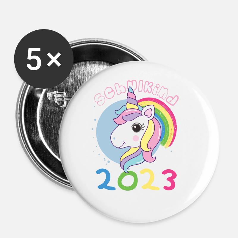 Einhorn Einschulung Schulanfang Schultüte - Buttons groß 56 mm (5er Pack) - Weiß