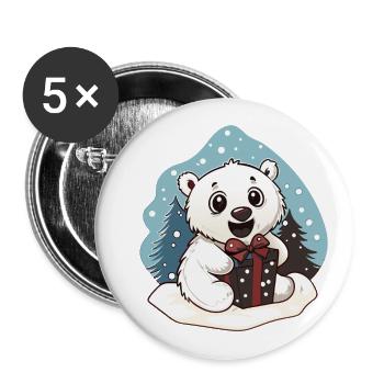 Niedlicher Eisbär mit Geschenk an Weihnachten - Buttons groß 56 mm (5er Pack) - Weiß - Vorne