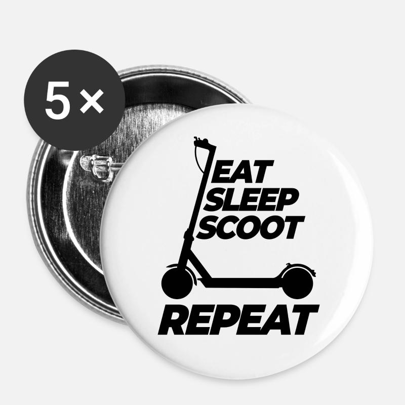 Eat Sleep Scoot Repeat, E-Scooter, Elektro Roller - Buttons groß 56 mm (5er Pack) - Weiß