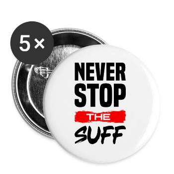 Never stop the Suff Sauftour Party Pfeffi Goldi - Buttons groß 56 mm (5er Pack) - Weiß - Vorne