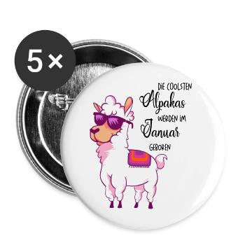 Die coolsten Alpakas werden im Januar geboren - Buttons groß 56 mm (5er Pack) - Weiß - Vorne