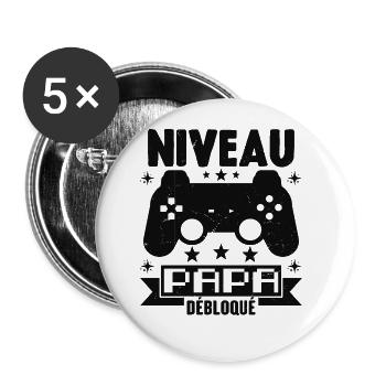 Niveau Papa Débloqué Annonce Grossesse Cadeau - Lot de 5 grands badges (56 mm) - blanc - Devant