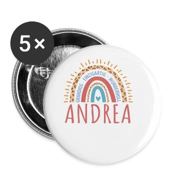 AndreaName Geschenk Geburtstag - Buttons groß 56 mm (5er Pack) - Weiß - Vorne