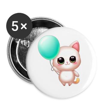 Katze mit Ballon - Buttons groß 56 mm (5er Pack) - Weiß - Vorne