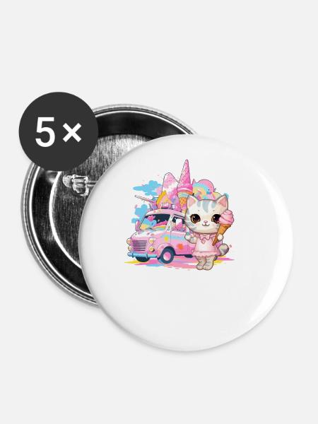 Katze Kätzchen-Mädchen Eisdielen Dessert-Eiscreme - Buttons groß 56 mm (5er Pack) - Weiß