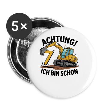7ème anniversaire 7 ans Excavatrice Véhicule de construction Chantier - Lot de 5 grands badges (56 mm) - blanc - Devant