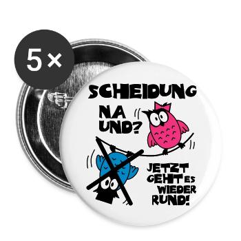 Scheidung na und - Brauteule mit Bräutigam X - Buttons groß 56 mm (5er Pack) - Weiß - Vorne