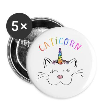 Lustige Regenbogen Caticorn Einhorn Katze Gesicht - Buttons groß 56 mm (5er Pack) - Weiß - Vorne