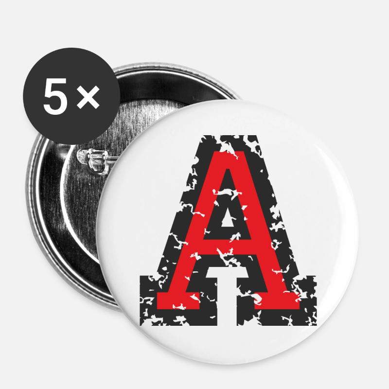 Letter A (Used Look) Black / Red - Buttons large 2.2''/56 mm (5-pack) - white