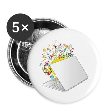Un ordinateur portable à moitié ouvert avec beaucoup de symboles - Lot de 5 grands badges (56 mm) - blanc - Devant