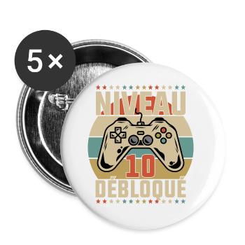 Niveau 10 ans anniversaire débloqué gamer cadeau - Lot de 5 grands badges (56 mm) - blanc - Devant