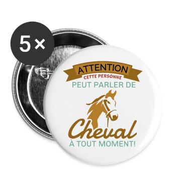 Attention Cheval Cadeau - Lot de 5 grands badges (56 mm) - blanc - Devant