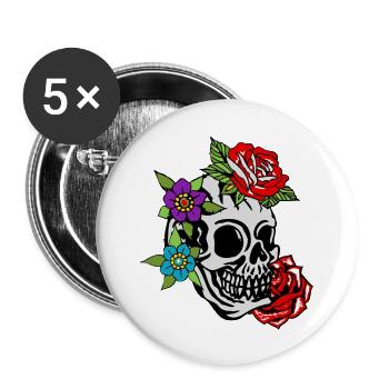 Kopf des Todes Blume rosa Blatt alte Schule Tattoo - Buttons groß 56 mm (5er Pack) - Weiß - Vorne