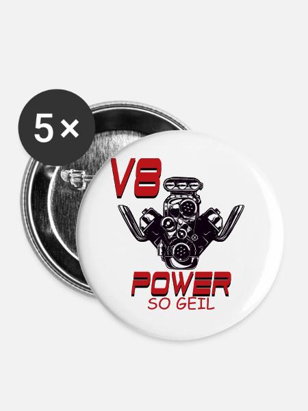 V8 Power so Geil - Buttons groß 56 mm (5er Pack) - Weiß