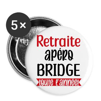 Retraite apéro bridge cadeau femme retraité cartes - Lot de 5 grands badges (56 mm) - blanc - Devant