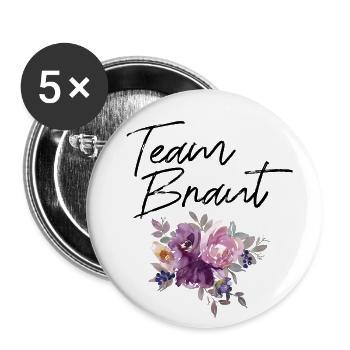 Team Braut - Junggesellinnenabschied lila Blumen - Buttons groß 56 mm (5er Pack) - Weiß - Vorne