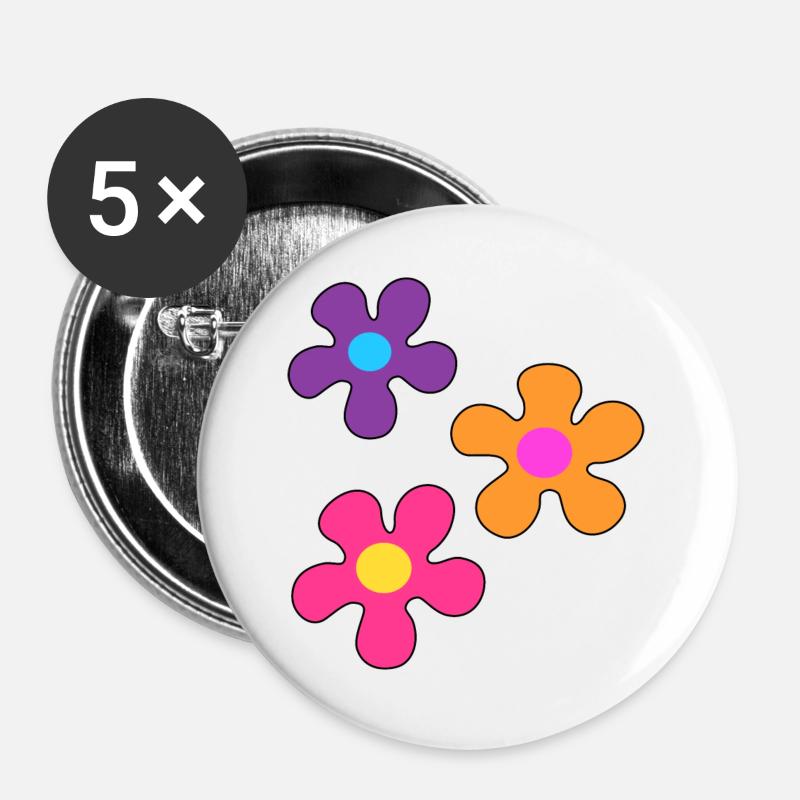 Hippie-Blumen - Buttons groß 56 mm (5er Pack) - Weiß
