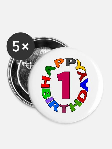 Happy Birthday 1 - Buttons groß 56 mm (5er Pack) - Weiß