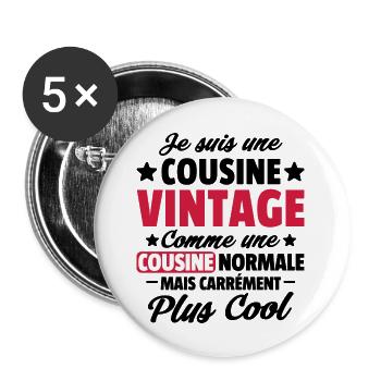 cousine vintage / cadeau humour cousine - Lot de 5 grands badges (56 mm) - blanc - Devant