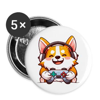 00239 Corgi mit Kopfhörer und Controller - Buttons groß 56 mm (5er Pack) - Weiß - Vorne