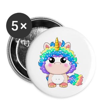 00265 flauschiges Einhorn Baby mit Regenbogenmähne - Buttons groß 56 mm (5er Pack) - Weiß - Vorne