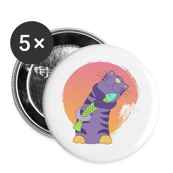 Kuschelkater umarmt Fischfreund Katze frech Manga - Buttons groß 56 mm (5er Pack) - Weiß - Vorne